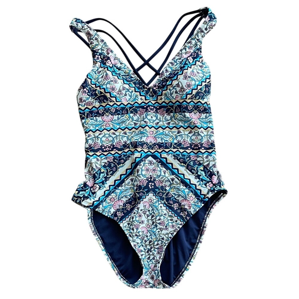 Kona Sol Floral Boho Navy Multicolor One-Piece Swimsuit Large